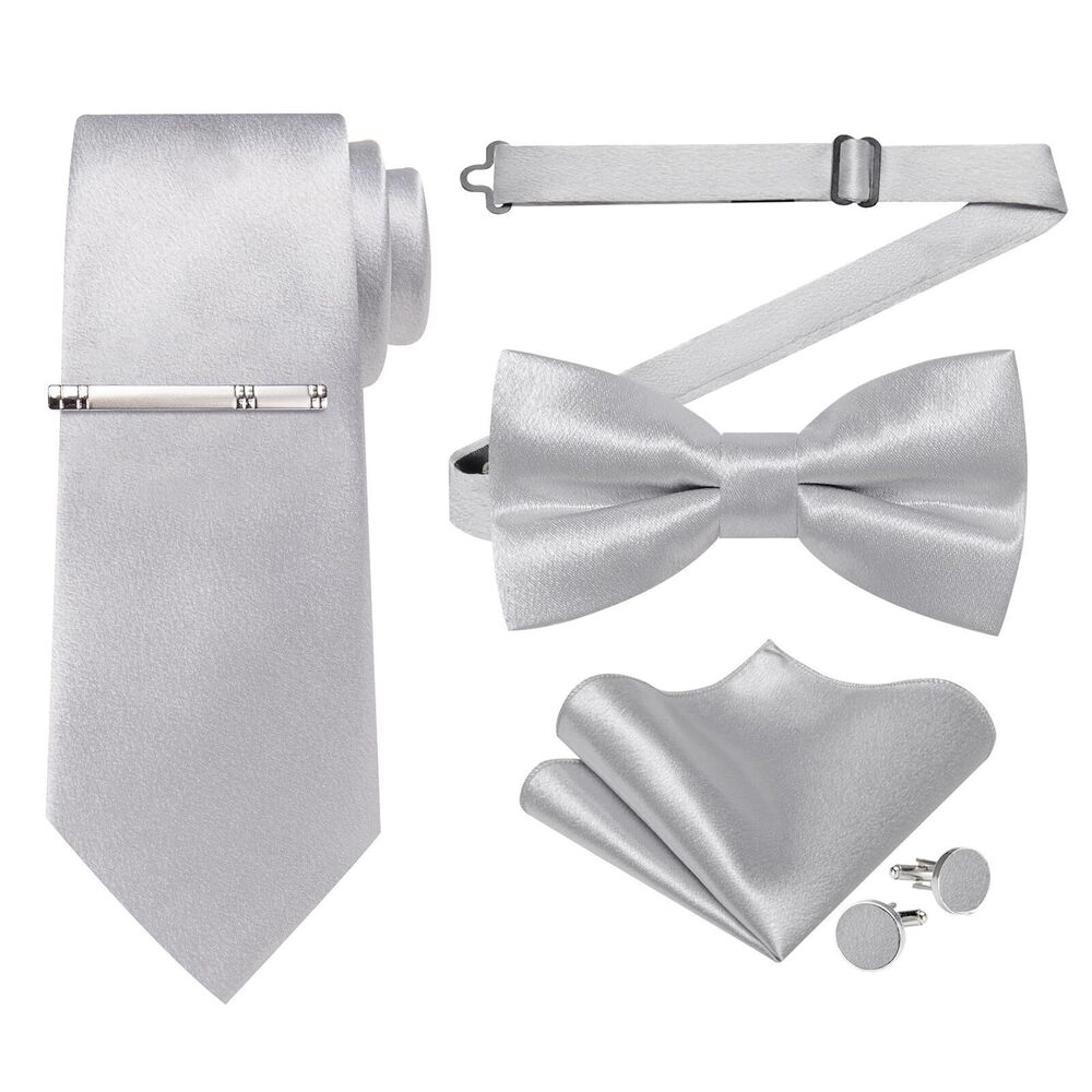 8867 Silver Tie and Silver Bowtie Pocket Square Cufflinks Tie Clip Satin